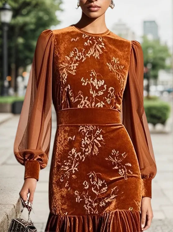Robe midi sirène caramel en velours et mesh à manches longues ballon et col rond