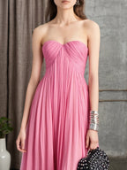 Holiday Evening Dress Pink Strapless Ruched Floor Chiffon Dress