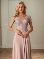 A-Linien Satin Kurzarm bodenlanges Mutter-der-Braut-Kleid mit Spitze
