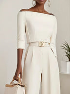 Mono blanco para mujer con escote off-shoulder y manga media elegante