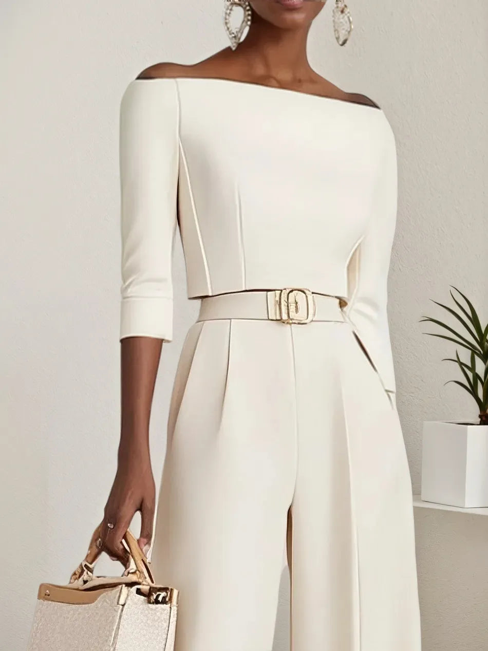 Mono blanco para mujer con escote off-shoulder y manga media elegante