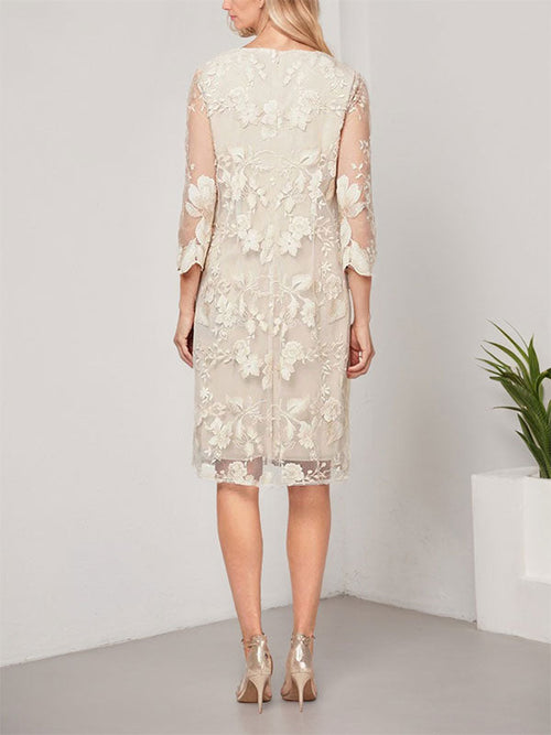 Robe mère de la mariée ligne A en mousseline et dentelle, longueur genou, col en U, avec veste