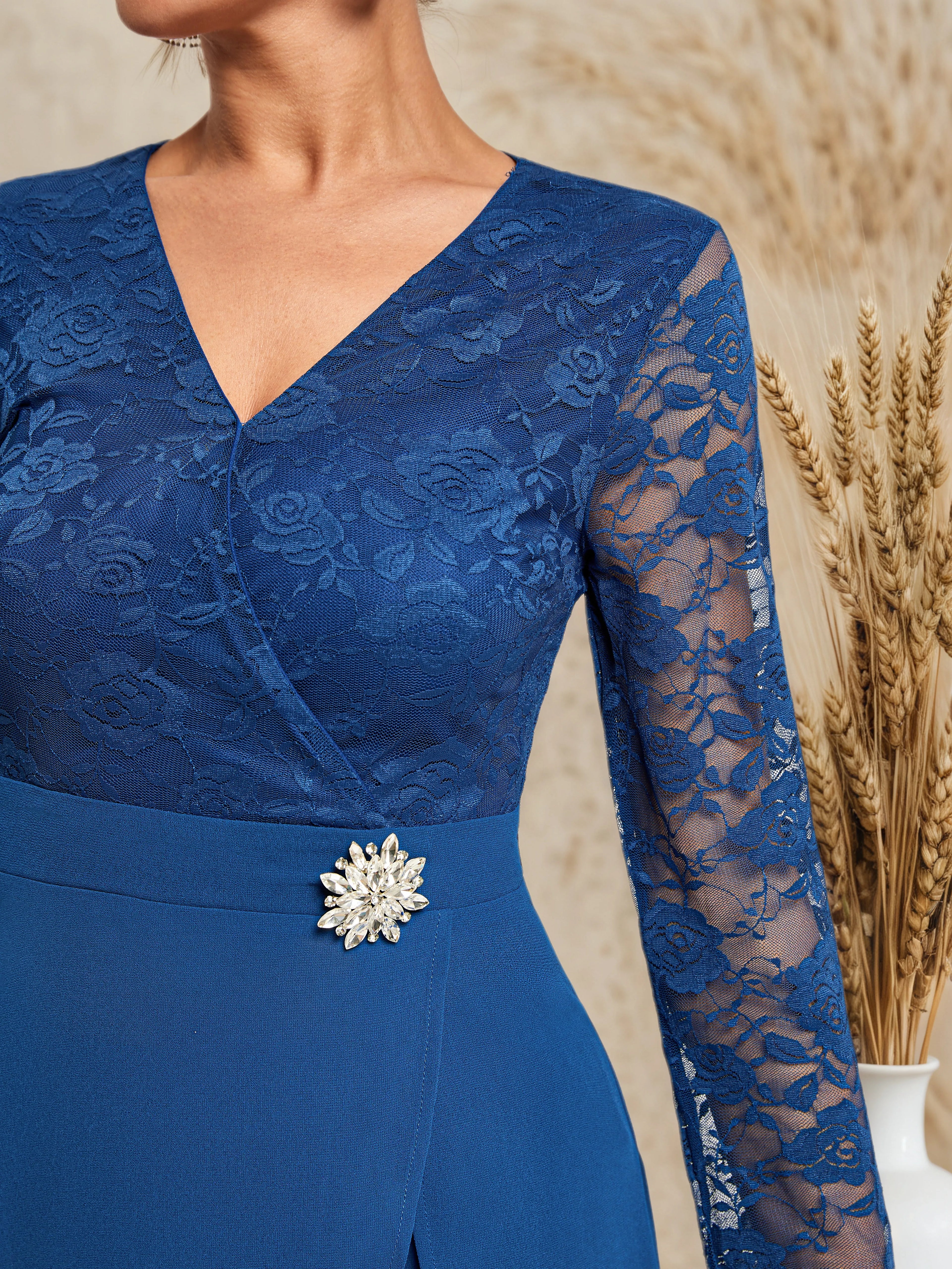 Conjunto de dos piezas para mujer: top azul de encaje con escote en V y mangas tres cuartos para madre del novio o la novia con pantalones