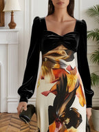 Abito lungo a linea a trapezio nero con maniche a palloncino lunghe, scollo sweetheart classico, drappeggiato e con spacco