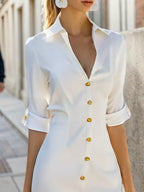 White Buckle Shirt Dress Shirt Collar Short Sleeve Sheath Midi Dress