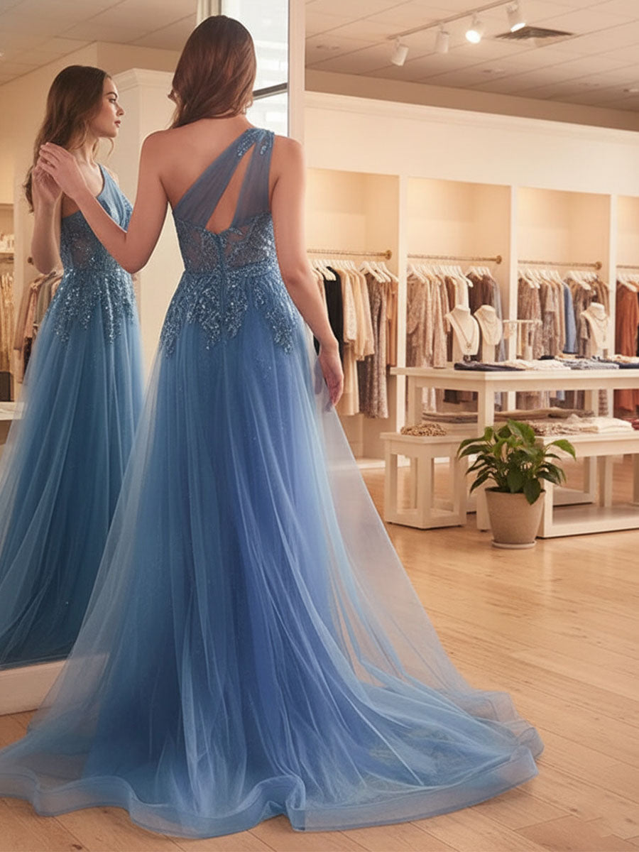 Vestido largo de fiesta línea A azul con corsé y un solo hombro con abertura