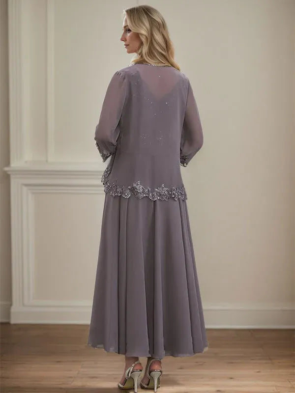 A-Linien Kleid mit V-Ausschnitt, knöchellang, aus Chiffon, Mutter der Braut Kleid mit Pailletten, Applikationen, Spitze und Perlenbesatz