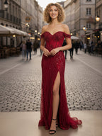 Red Off-the-Shoulder Beaded Tulle Prom Dress with Swirling Sequins