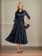 A-Linien-Mutter-der-Braut-Kleid mit Kragen, V-Ausschnitt, tea-length, Satin, Spitze, Pailletten und Schleife