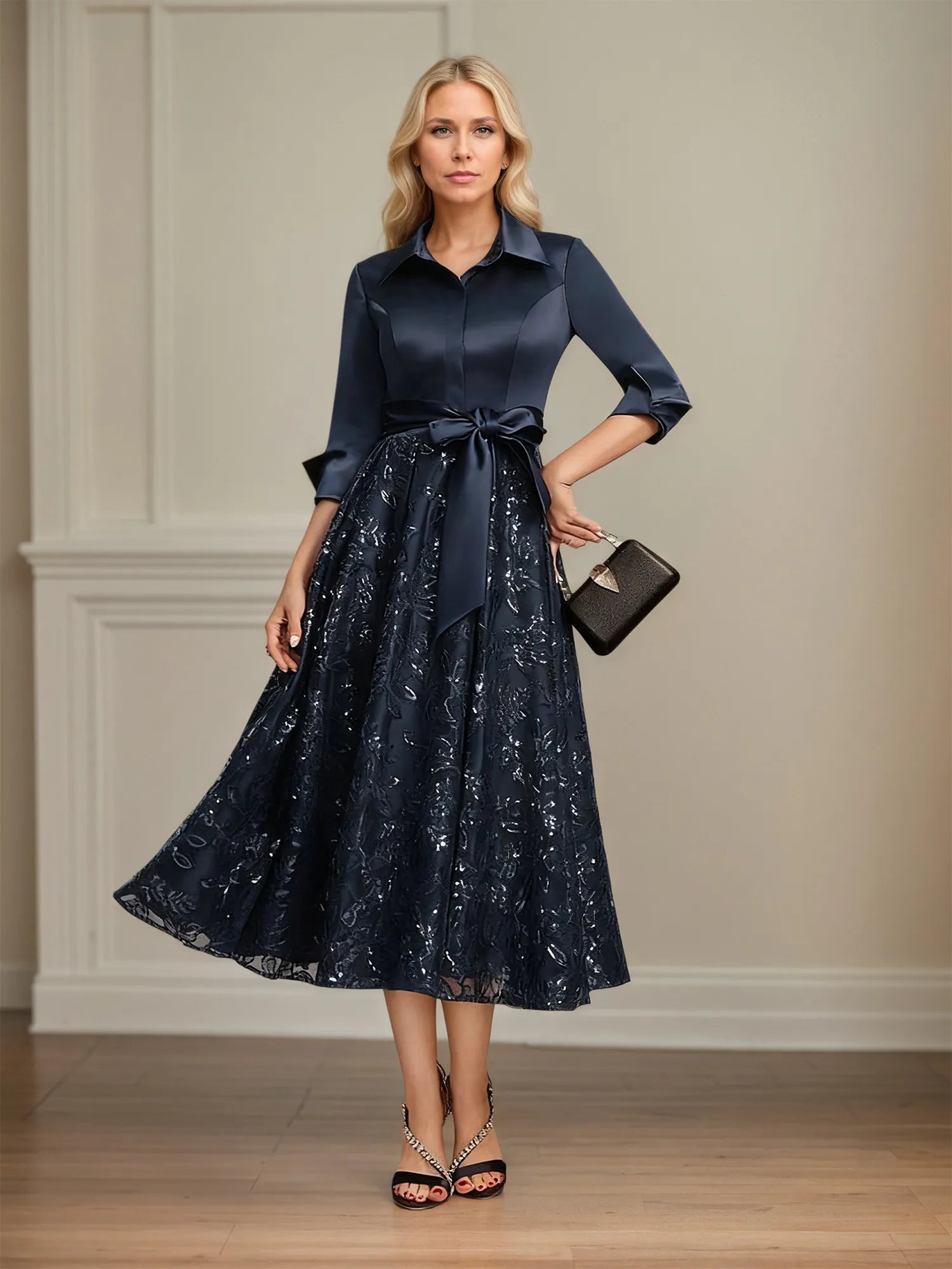 A-Linien-Mutter-der-Braut-Kleid mit Kragen, V-Ausschnitt, tea-length, Satin, Spitze, Pailletten und Schleife