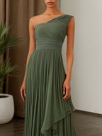 Fall Wedding Guest Dress Green Ruched Asymmetrical Maxi Gown