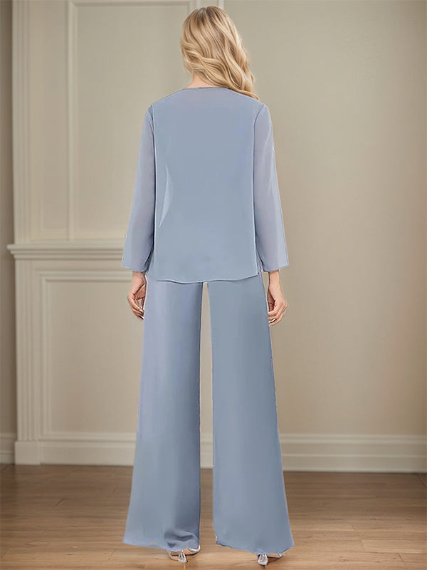 Elegante y sencillo traje pantalón para madre de la novia con escote redondo largo hasta el suelo para invitada de boda