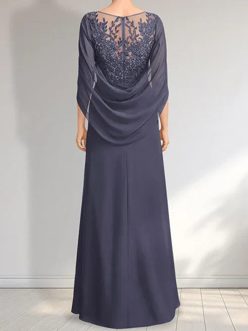 Robe mère de la mariée longue au sol en ligne A avec décolleté illusion, dentelle, chiffon et sequins plissés