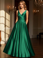 Dark Green Sheath/Column V-Neck Floor-Length Satin Prom Dress