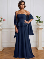 A-Linien Kleid, schulterfrei, ärmellos, plissiert aus Chiffon mit fallenden Rüschen