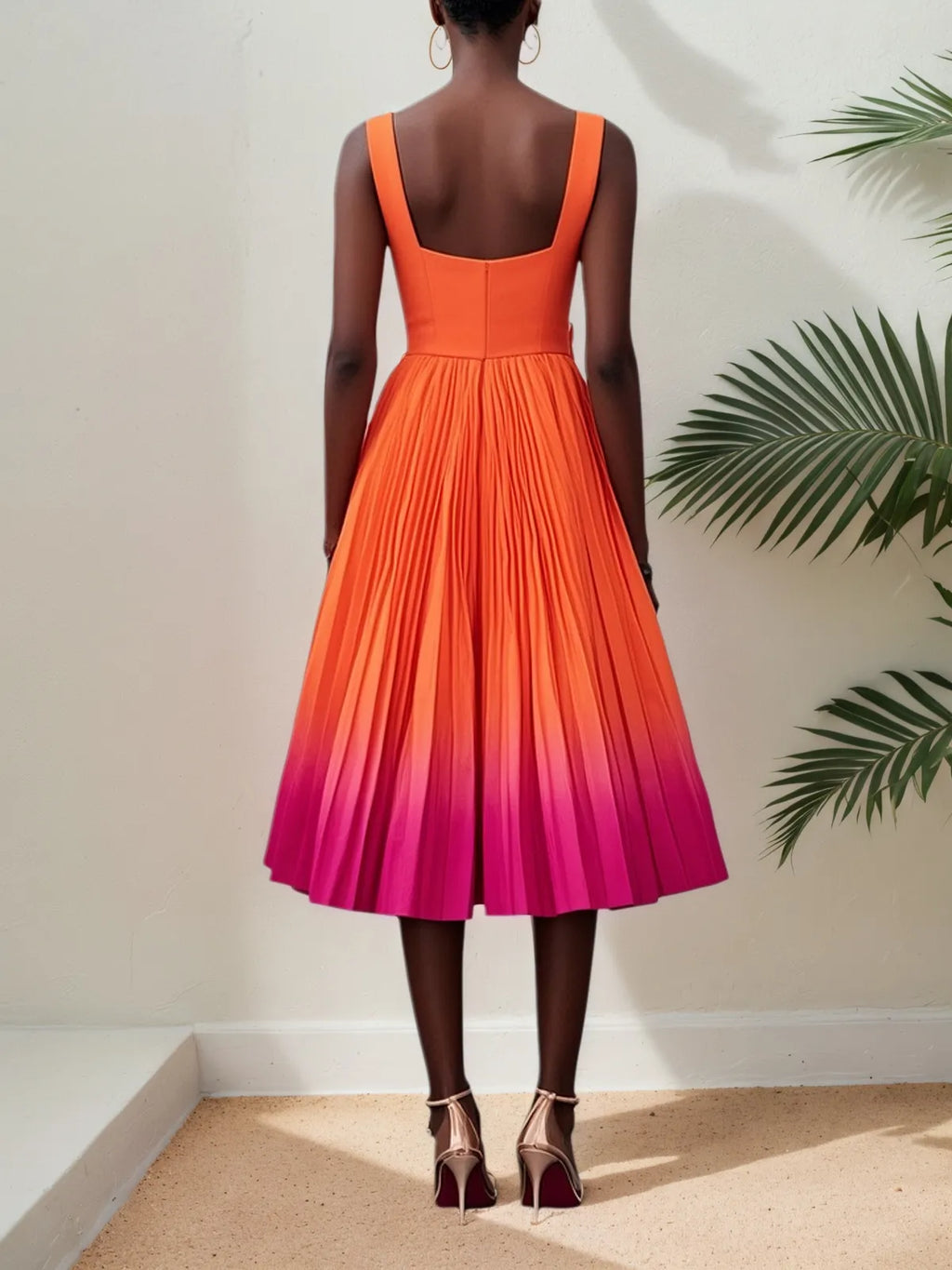 Vestido midi en línea A naranja clásico con escote cuadrado plisado y sin mangas
