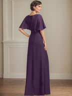 Vestido de madre de la novia en línea A de gasa con escote en V, largo hasta el suelo, con apliques plisados de lentejuelas y encaje