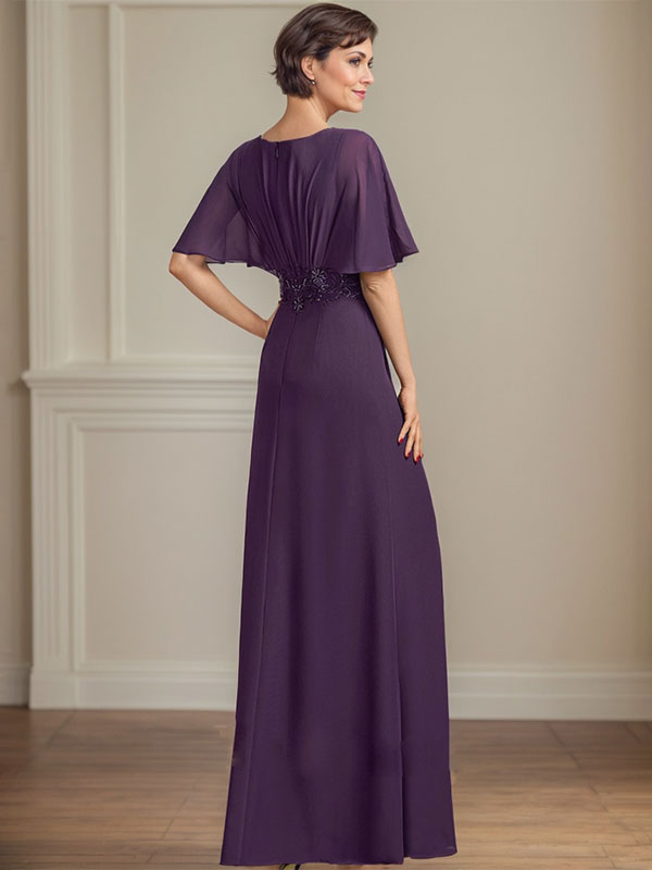 Vestido de madre de la novia en línea A de gasa con escote en V, largo hasta el suelo, con apliques plisados de lentejuelas y encaje