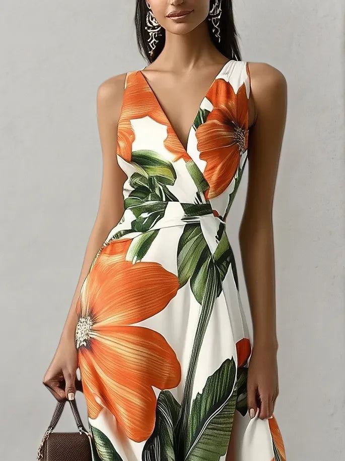 Robe maxi classique orange à fleurs col en V sans manches ligne A