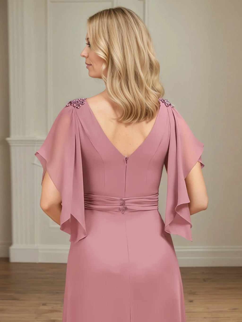 A-Linien V-Ausschnitt Appliziertes bodenlanges Kleid für die Brautmutter mit Rüschen