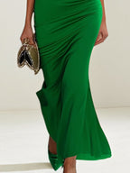 Vestido de festa/coquetel verde de chiffon, um ombro só, comprimento até o tornozelo