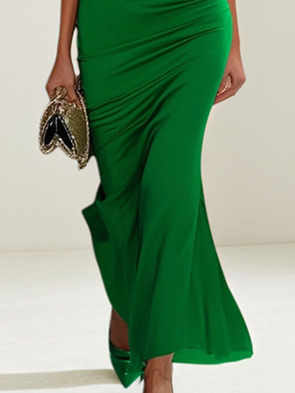Vestido de festa/coquetel verde de chiffon, um ombro só, comprimento até o tornozelo