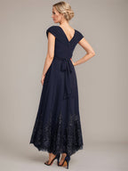 A-Linien V-Ausschnitt Knöchellanges Chiffon Kleid der Brautmutter mit Applikationen und Pailletten