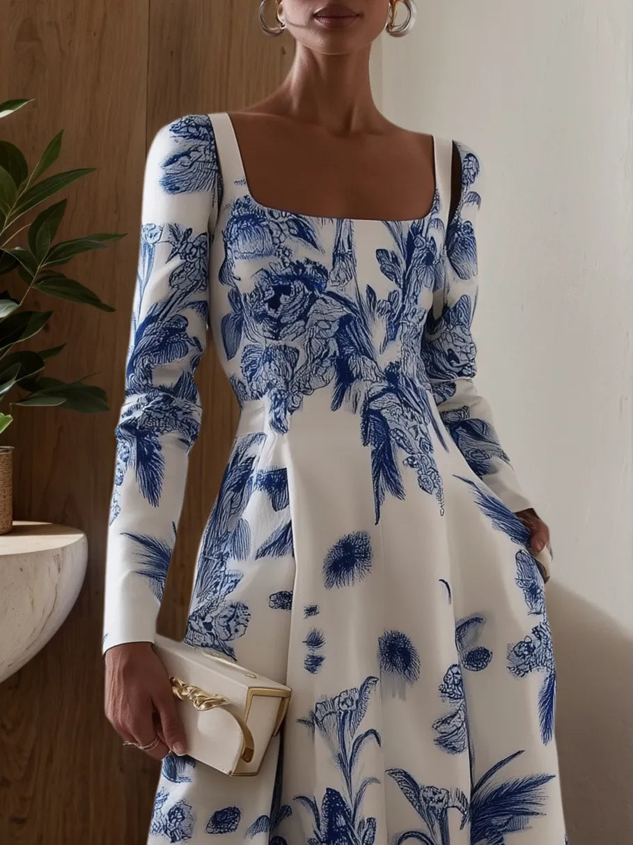 Robe midi à manches longues bleu floral classique à encolure carrée et coupe évasée