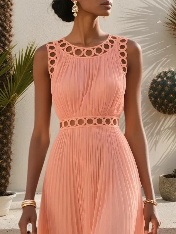 Oranges Spitzen plissiertes ausgeschnittenes Chiffon Rundhals ärmelloses A-Linien Maxikleid
