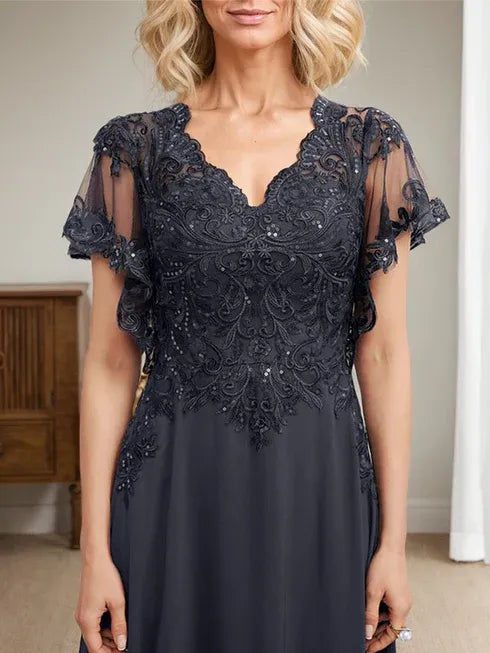 Robe mère de la mariée ligne A col en V longue en dentelle et chiffon avec sequins