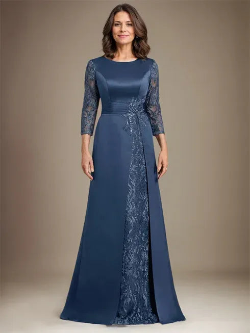 Vestido de madre de la novia largo hasta el suelo con encaje, satén, línea A, escote redondo y aplicaciones