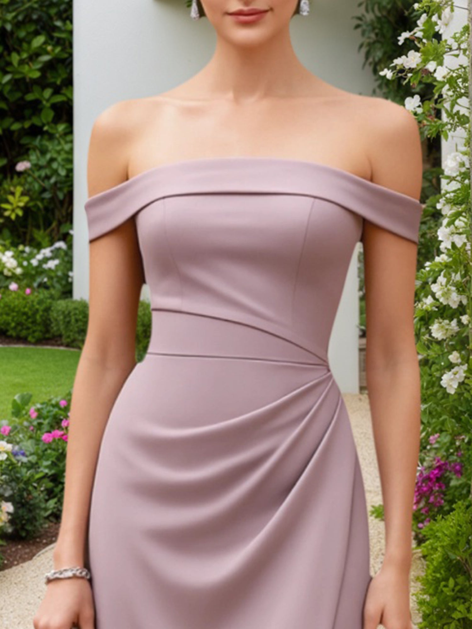 Vestido formal roxo ombro a ombro longo para convidada de casamento
