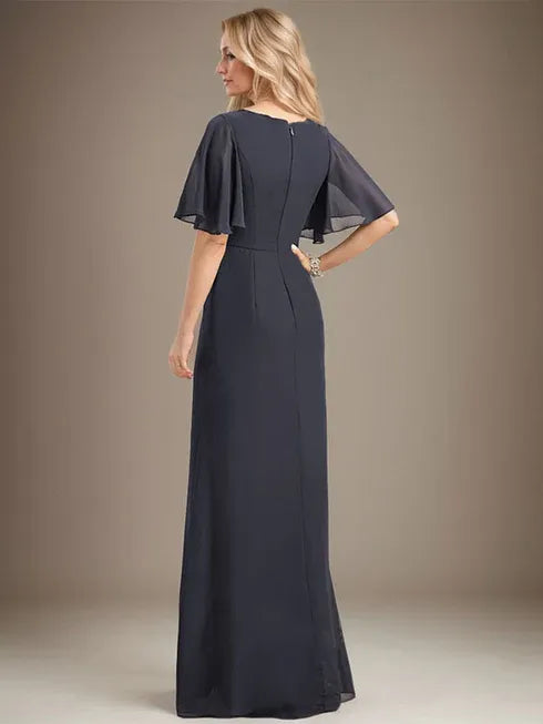 A-Linien Rundhals bodenlanges Chiffon Mutter der Braut Kleid mit kaskadierenden Rüschen Perlen Pailletten