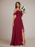 Bordeaux A-Linien Spaghettiträger Bodenlanges Chiffon Brautjungfernkleid mit Rüschen