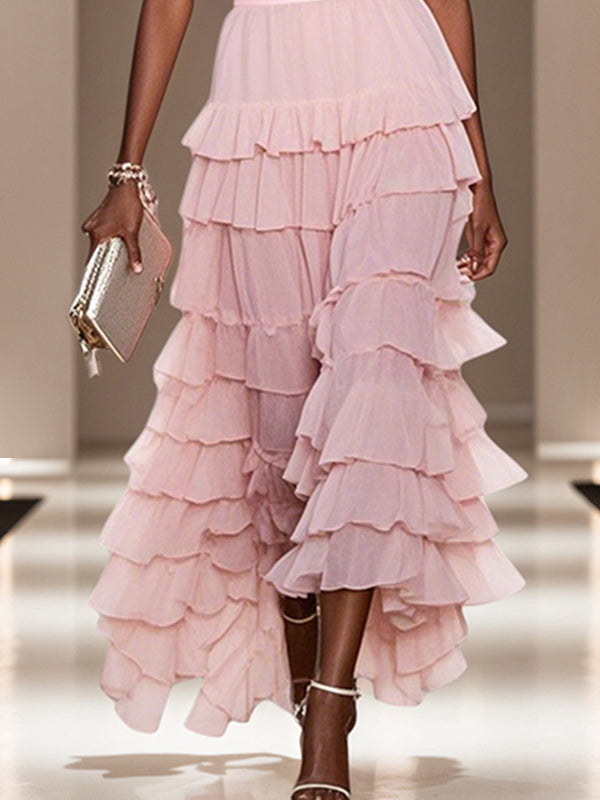 A Line Pink Chiffon Halter Neck Sleeveless Ankle Length Dress With Cascading Ruffles