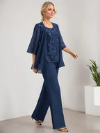 Conjunto separado mono/pantalón con escote redondo, encaje y gasa largo hasta el suelo para madre de la novia con lentejuelas