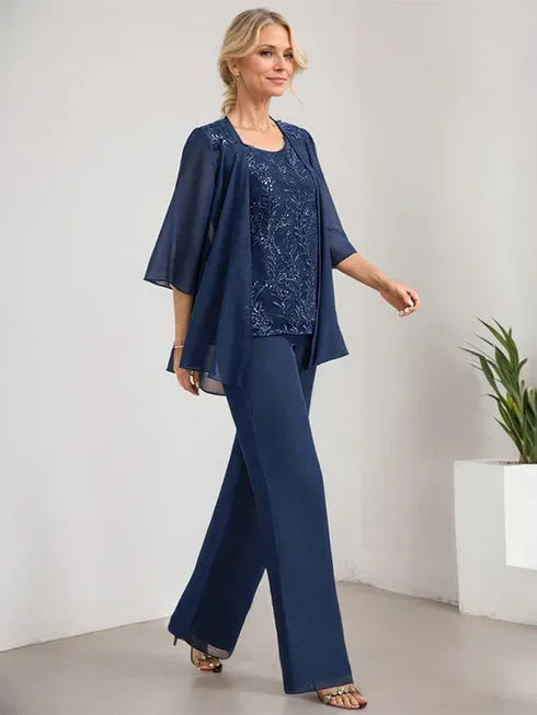 Conjunto separado mono/pantalón con escote redondo, encaje y gasa largo hasta el suelo para madre de la novia con lentejuelas