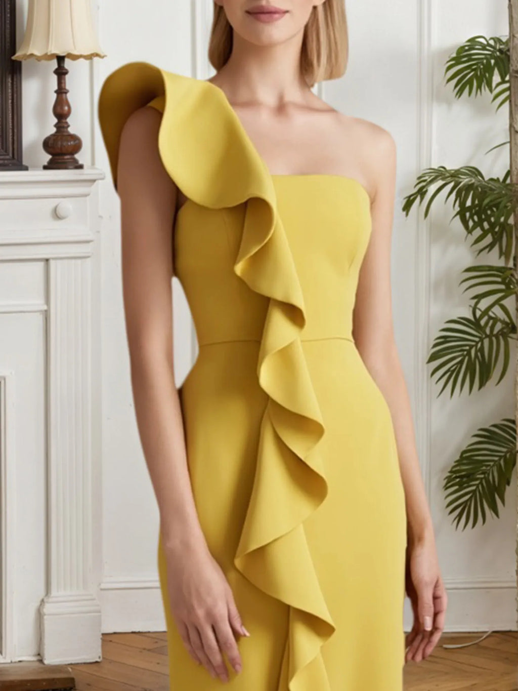 Formal Evening Gown Yellow One Shoulder Ruffle Maxi Dress