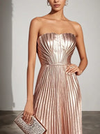 Rose Gold Pleated Satin Strapless Sleeveless A-Line Midi Dress