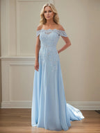 A Line Off The Shoulder Sleeveless Chiffon Mother of the Bride Dress With Appliques