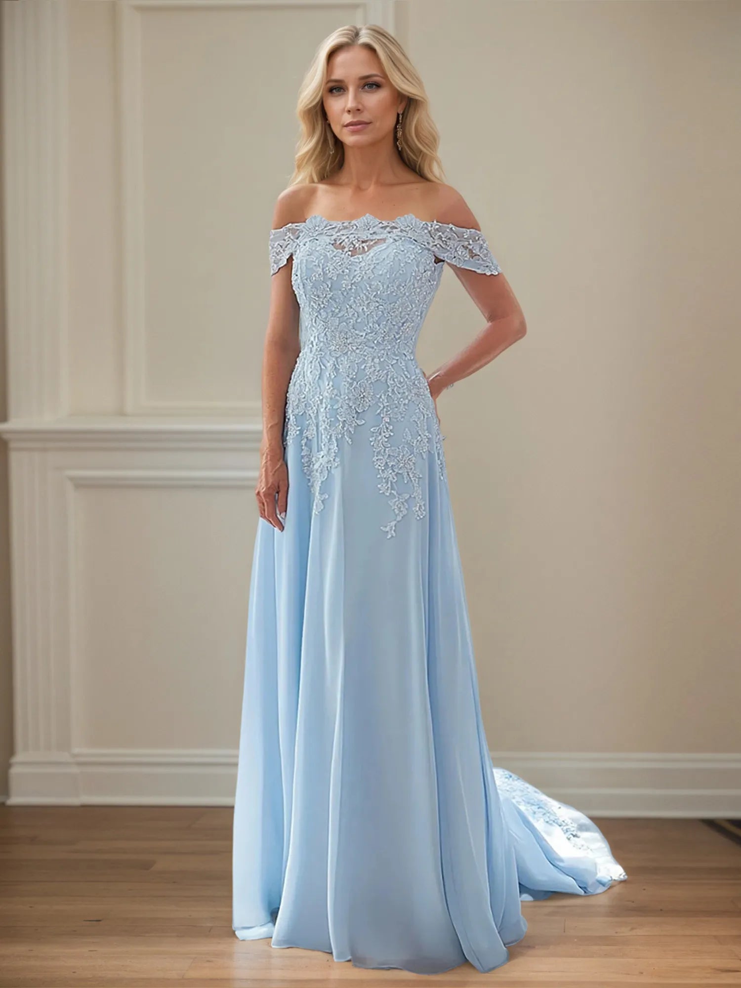 A Line Off The Shoulder Sleeveless Chiffon Mother of the Bride Dress With Appliques
