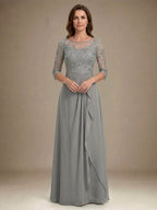 A-Linien Rundhals Illusions-Bodenlanges Chiffon-Spitzenkleid für die Mutter der Braut mit Perlen, Pailletten und Kaskaden-Rüschen