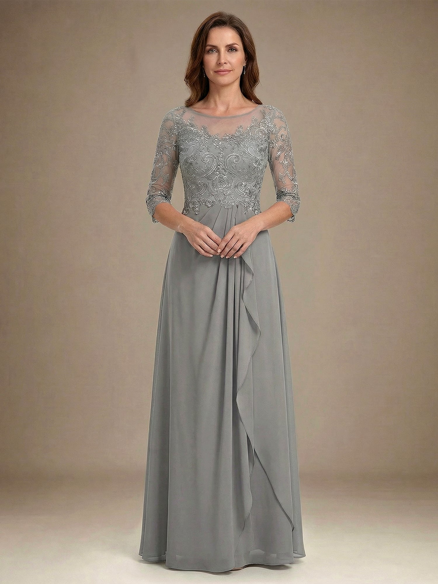 A-Linien Rundhals Illusions-Bodenlanges Chiffon-Spitzenkleid für die Mutter der Braut mit Perlen, Pailletten und Kaskaden-Rüschen