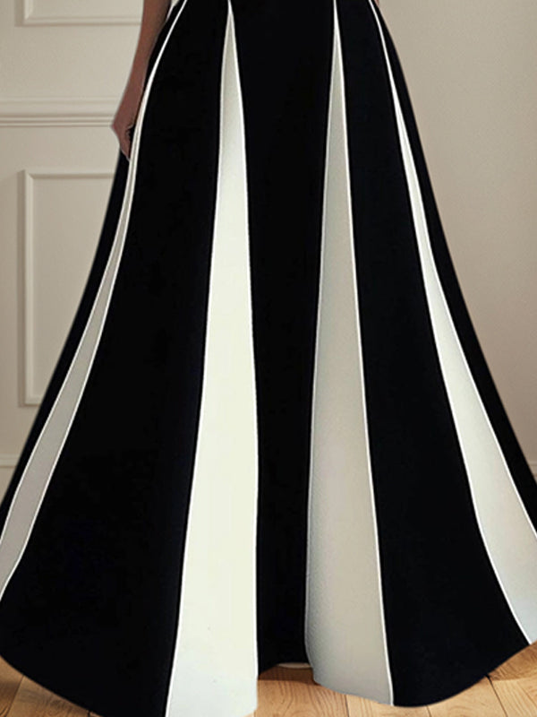 A Line Elegant Black&White Chiffon Off the Shoulder Sleeveless Floor Length Dress