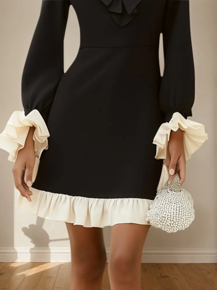 Black Ruffled Classic V Neck Long Sleeve A-Line Mini Dress