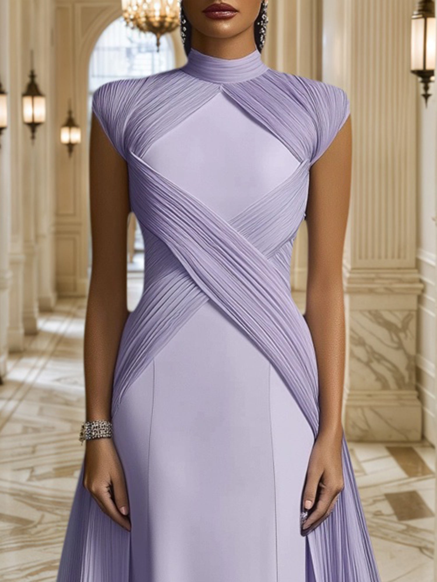 Formal Evening Dress Purple Stand Collar Pleated Train Maxi Gown