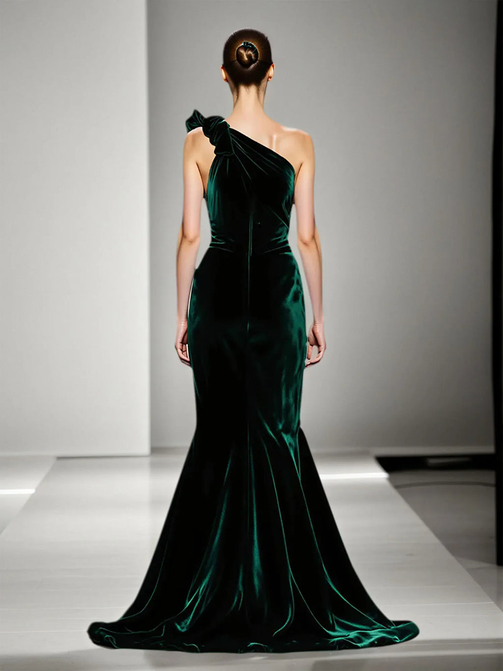 Mermaid Dark Green One Shoulder Velvet Evening Dress With Slit