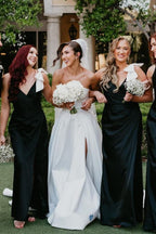 Black V-Neck Mermaid Spaghetti Straps Satin Long Bridesmaid Dress with Bow