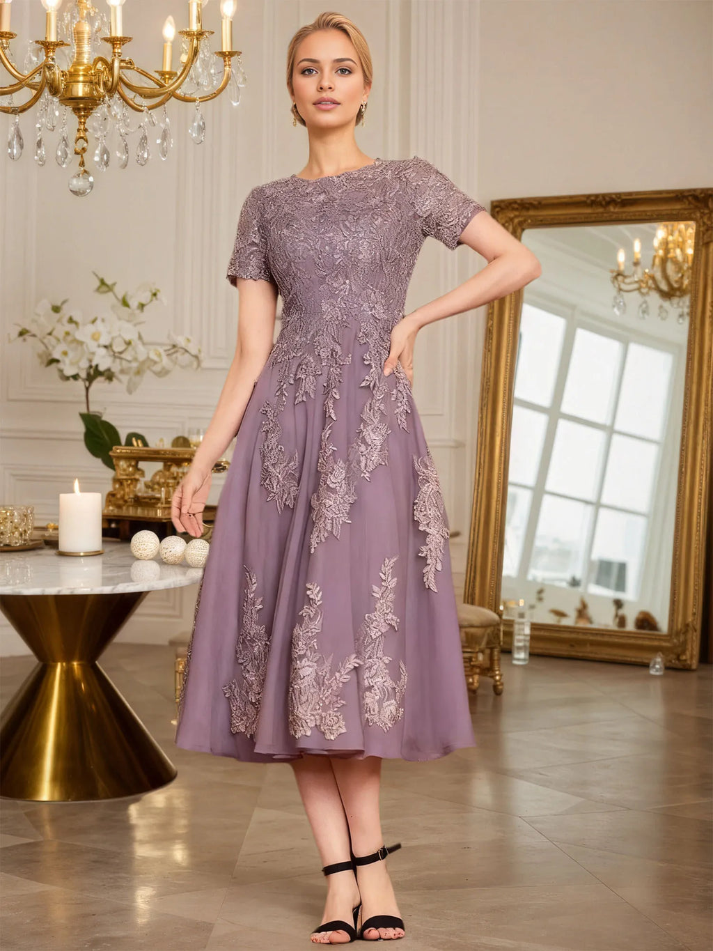 Abito da madre della sposa in chiffon a linea ad A, lunghezza tea, con scollo a U e applicazioni