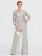 3 Piece Chiffon Square Neck Mother of the Bride Pantsuits with Jacket
